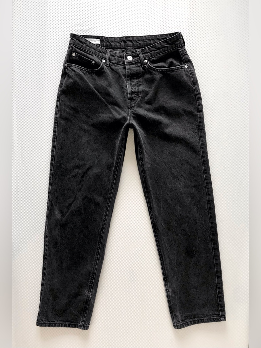 Zara Straight Leg Button Fly Black Jeans 32x30 Distressed